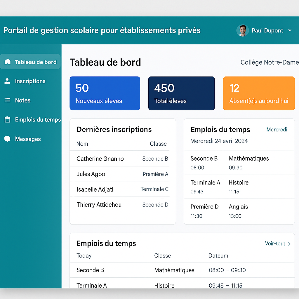 Portail de gestion scolaire - Système de gestion des inscriptions, notes, emplois du temps...