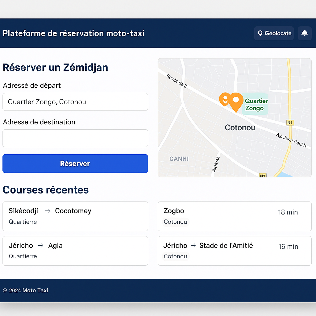 Plateforme de réservation moto-taxi - Application web permettant aux utilisateurs de réserver des ...